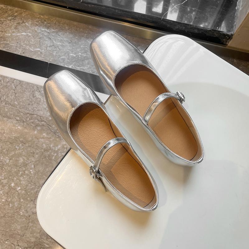 Leather One-word Belt Silver Mary Jane Shoes Light Mouth Round Head Single Shoes Women's 2025 Spring New Women's Shoes Korean Version Trend