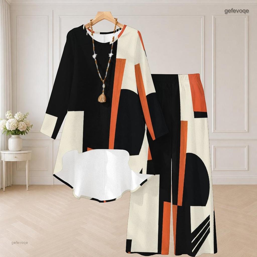 Women Plus Size Round Neck Long Sleeve Printed High Low Top Wide Leg Pants Two Piece Set