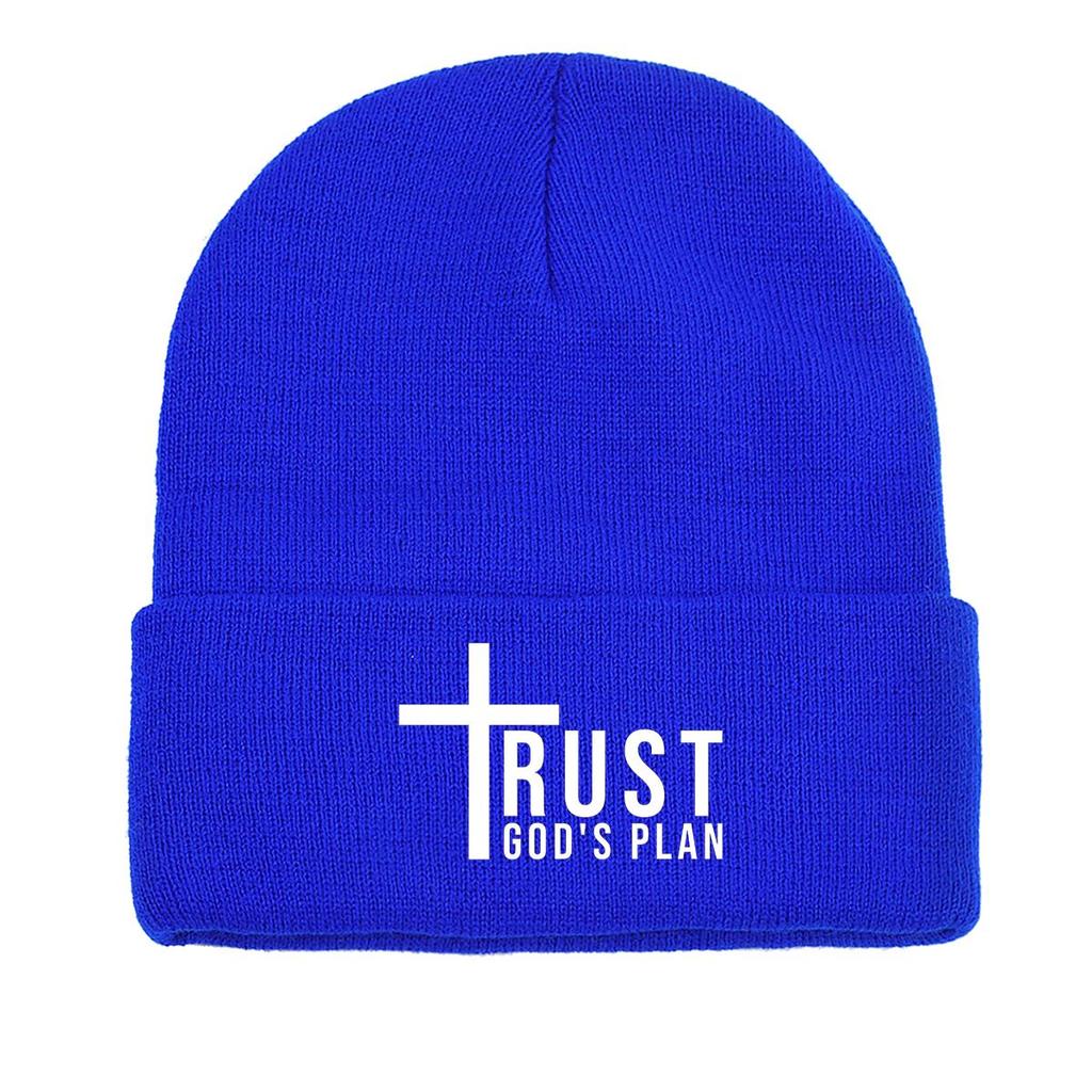 TRUST GOD'S PLAN" Winter Knit Hat Beanie, Crucifix Skullies Beanies Windproof Cozy Unisex Pompom Beanies Knitted Cap Beanie