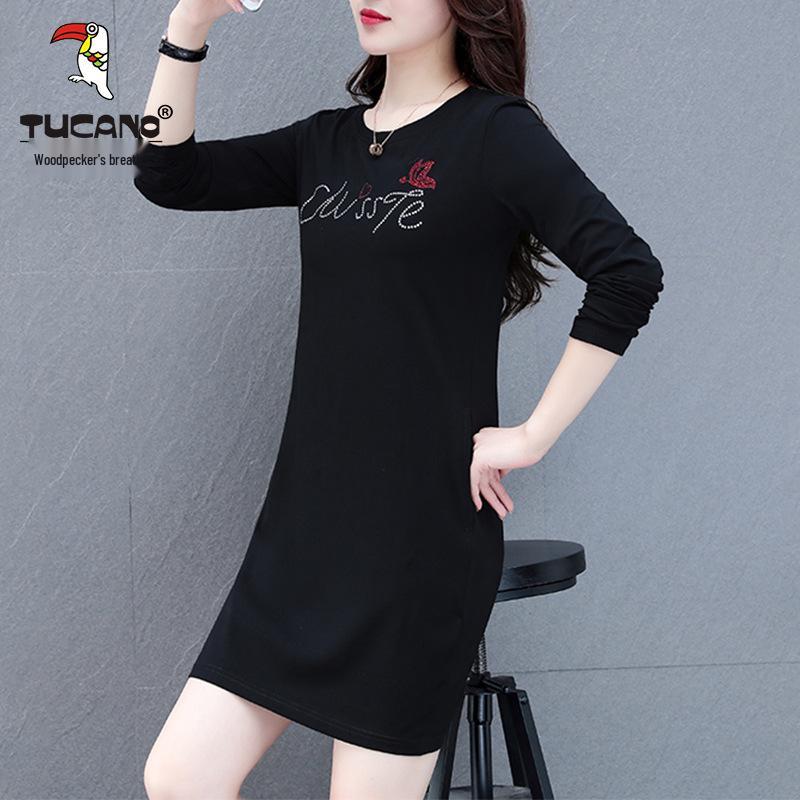 Women's Long-Sleeve Cotton Mid-Length T-Shirt Dress - 2025 Spring/Autumn Casual Versatile Style