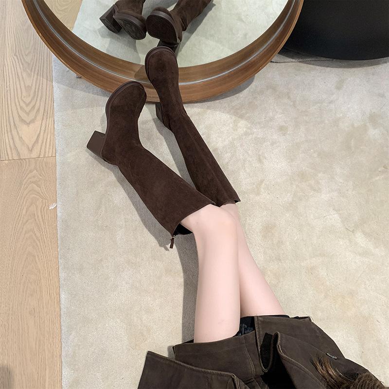 

Женские ботинки с круглым носком и толстой подошвой, коричневые, 2025, осень-зима, новые ботинки, замшевые ботинки, женские ботинки, высокие рыцарские 40