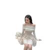 One-word Shoulder Niche Thin Short Skirt Temperament Black Design Wrinkled A-word Skirt Long-sleeved Dress Spring and Autumn Women