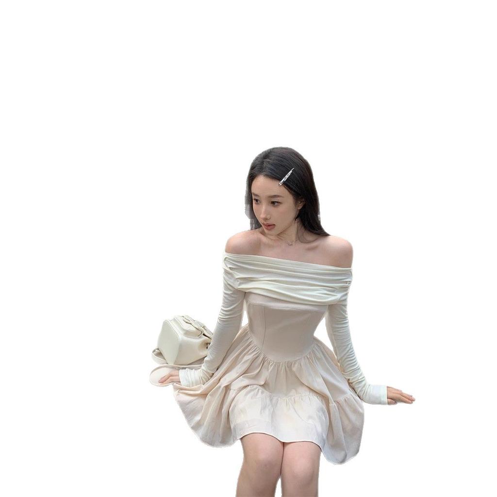 One-word Shoulder Niche Thin Short Skirt Temperament Black Design Wrinkled A-word Skirt Long-sleeved Dress Spring and Autumn Women