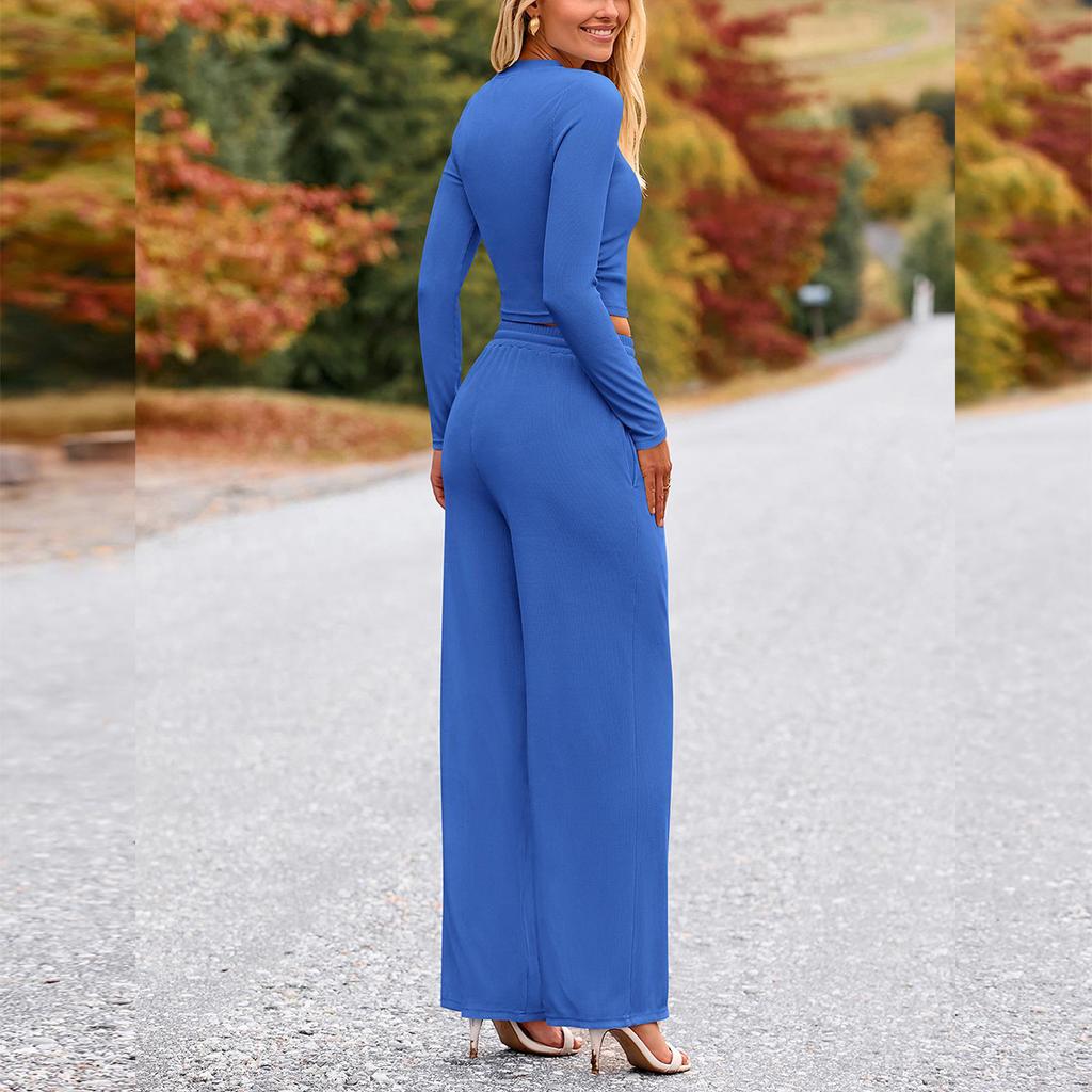 Women's One-piece Set Ribbed Knit Long-sleeve Short Top Wide-leg Pants Casual Loungewear