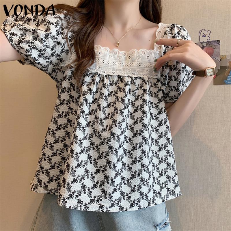 

VONDA Женская блузка с квадратным вырезом и цветочным принтом, кружевная блузка с пышными рукавами