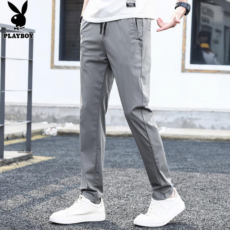 PLAYBOY Casual Pants for Men, Spring And Summer Ice Silk Trousers, Loose Straight-Leg Trendy Men's Pants, Dark Gray, Size 30