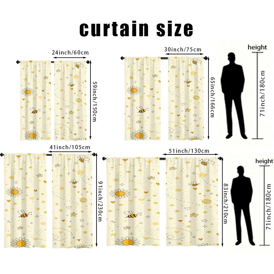 2PCS, Multicolor, Whimsical Bee and Daisy Celestial Print Curtains, for Bedroom and Living Room, Rod Pocket Style