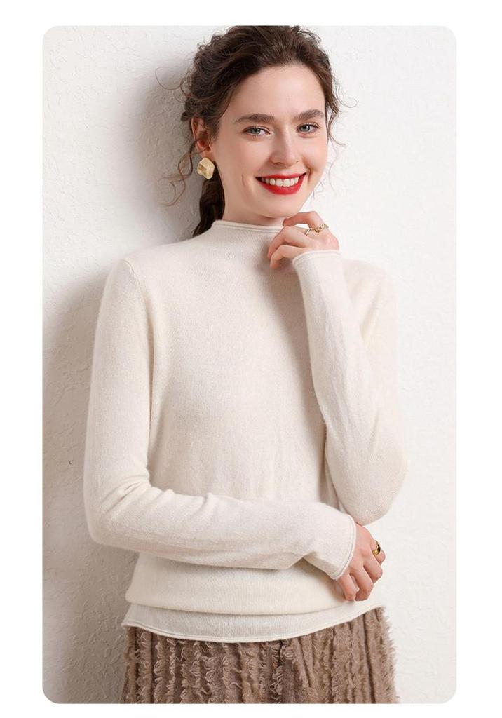 Korean Style High-Neck, Warm, Tight-Fitting Wool Sweater for Women To Pair with a Knit Cashmere Sweater.
