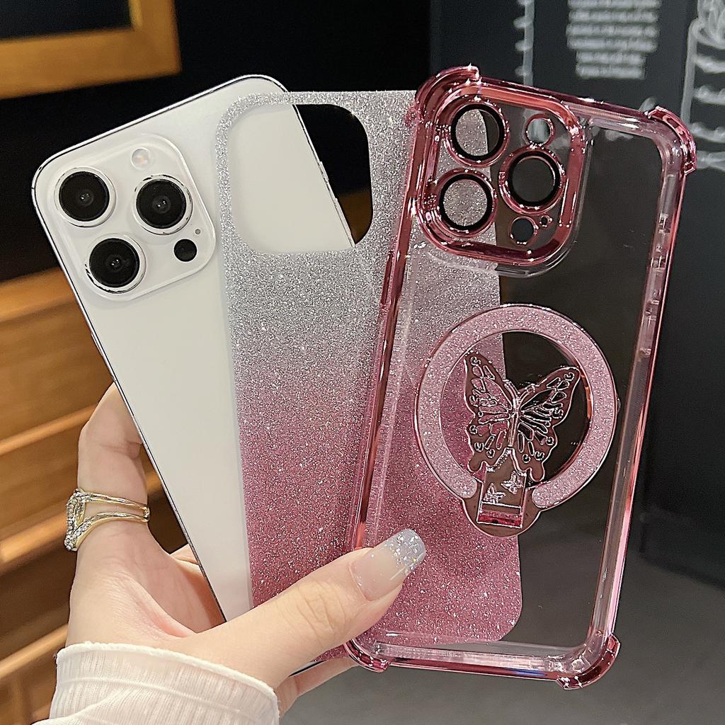 The Four-corner Airbag Anti-drop Is Suitable for The IPhone 16PROMAX Phone Case and The IPhone 15 Gradient Glitter 14 Butterfly Stand Case