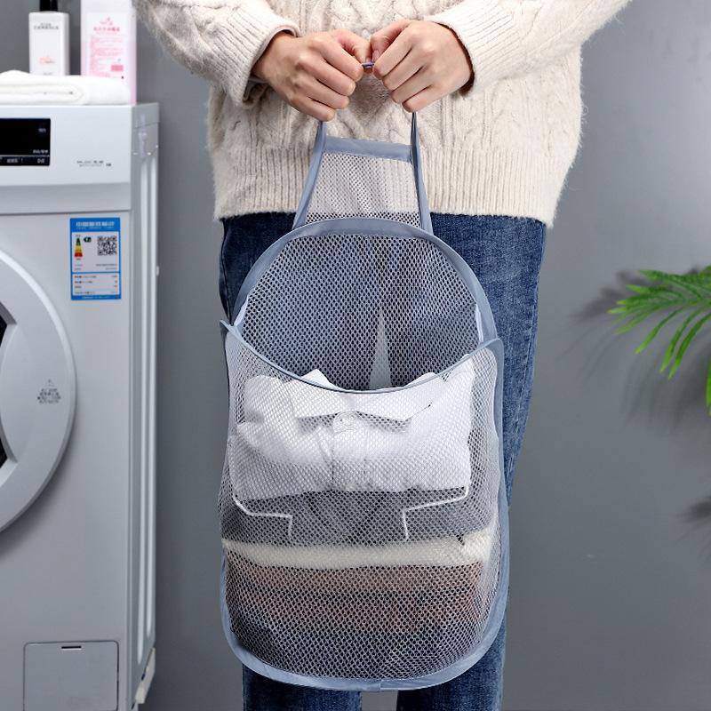 Wall Hanging Folding Laundry Basket Organizer Bathroom Dirty Clothes Mesh Storage Bag Household Basket Frame Bucket