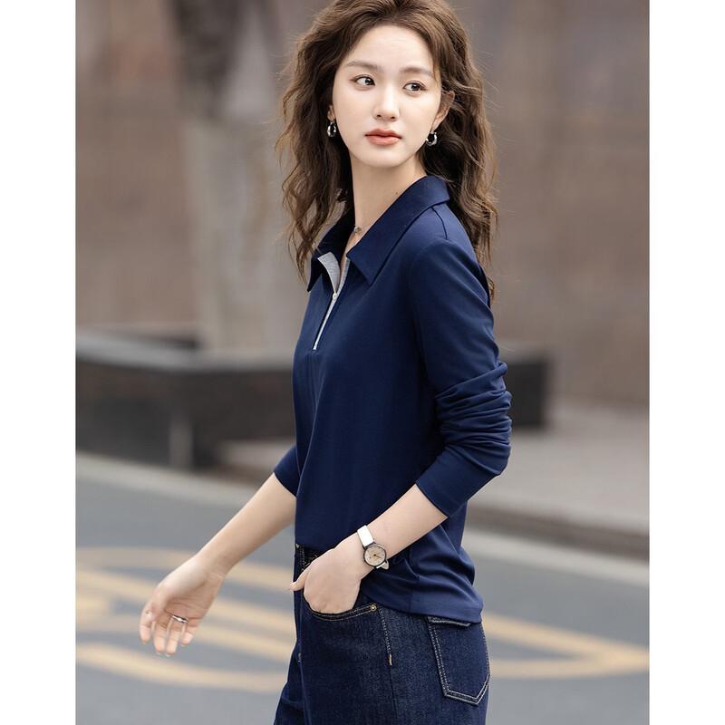 Elegant Lapel Long Sleeve T-Shirt with Contrast Buttons
