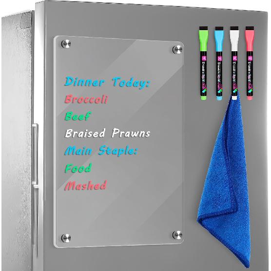 Acrylic Magnetic Whiteboard for Fridge, 8 x 12 Inches Acrylic Magnetic Note Board with 4 Markers and 1 Cleaning Cloth, Dry Erase Board for