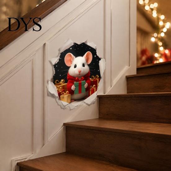 Cute Animal Wall Art 3D Hole Illusion Christmas Mouse Sticker, Peel And Stick Waterproof PVC Festive Atmosphere Coverings Decal for Window Glass,