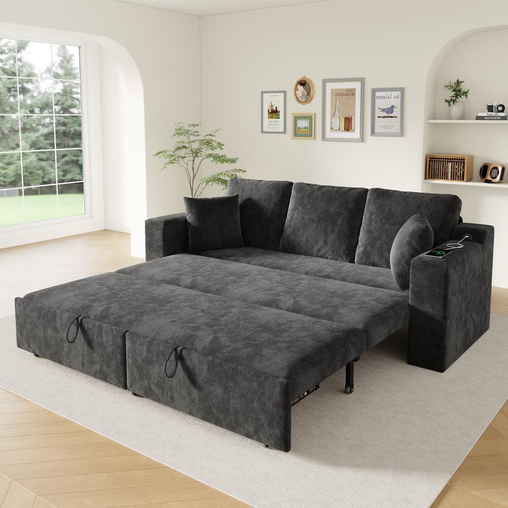 3-in-1 Multifunctional 3-Seater Sofa with Sleep Function, Pull-Out Metal Frame, Storage, Armrest Tray and USB Charging Port, Grey.[old sku:N653P2570G]