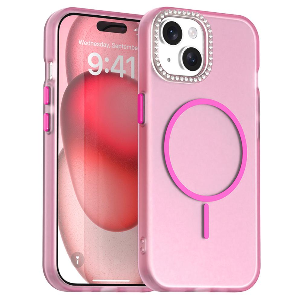 For iPhone 15 Plus/14 Plus Case Compatible with MagSafe TPU+PC+PET Phone Cover Rhinestone Decor Lens Frame