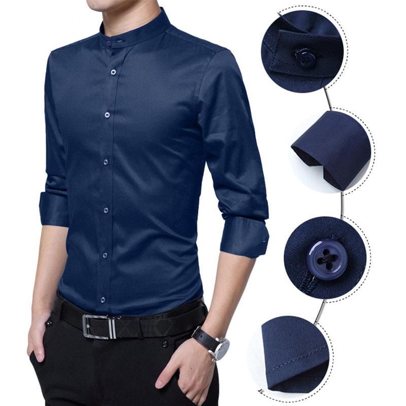 Nuove Camicie da Uomo Business Manica Lunga Collo alla Coreana Cotone Camicia Maschile Vestibilità Slim Design Popolari