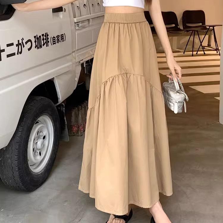 Petite 2023 Summer Korean Pleated Elastic Waist Long Skirt