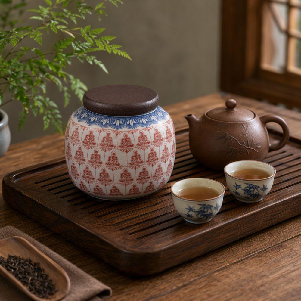 Wood Lid Traditional Chinese Tea Canister Ceramic Tea Leaf Can Tea Storage Jar Living Room