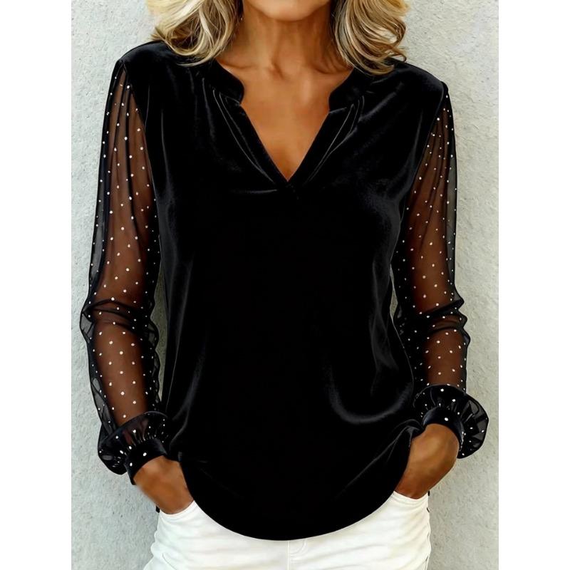Elegant V-neck Mesh Lace Splicing Blouse Women Long Sleeved Velvet Dot Printed Loose Shirts Spring Autumn Office Tops Casual Simple T-shirts Clothing