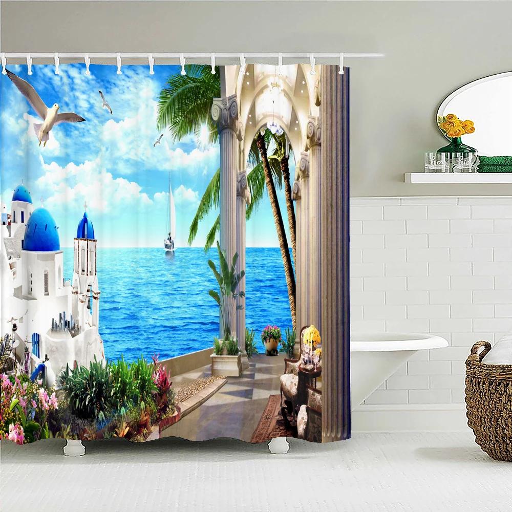 Town Street Scenery Shower Curtains Home Decor Polyester Fabric Bathroom Shower Curtains Oil Painting Waterproof Bath Curtains