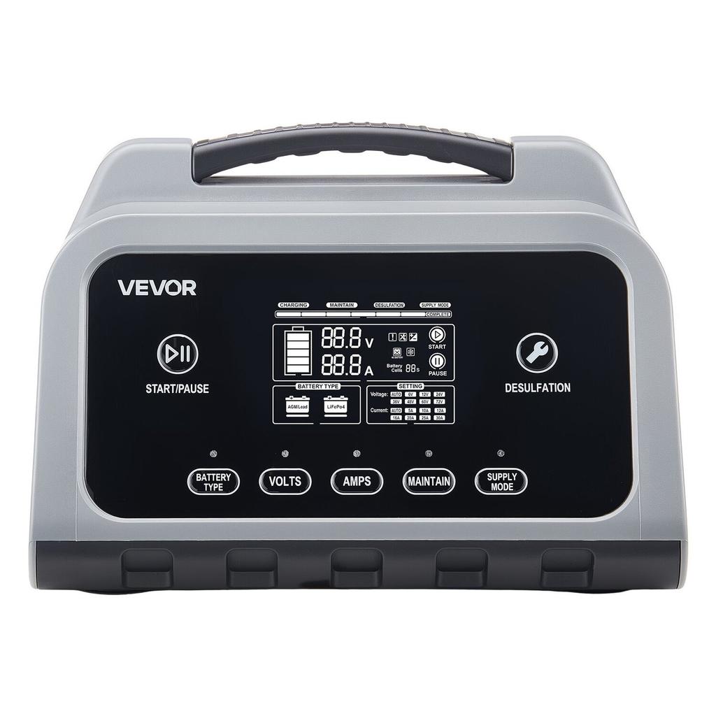 Smart Battery Charger, 30A, 6V 12V 24V LiFePO4 Lead-Acid (Gel/AGM) Lithium Car Battery Charger, with LCD Display, Trickle Charging Maintainer