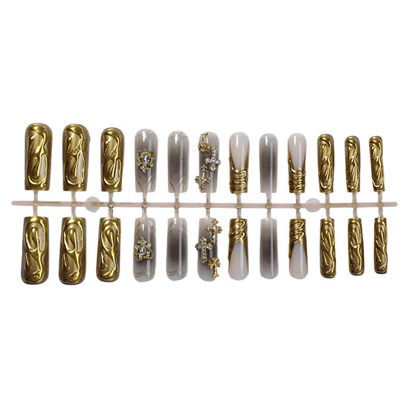 

Three-Dimensional Metal Cross Press-On Nails: European & American Handmade Extended Length Manicure