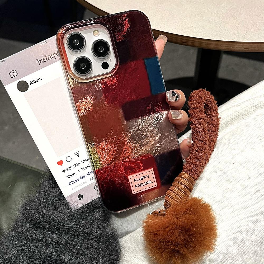 New Color blocked Furry Lanyard Mobile Phone Case Suitable for Apple 16promax Swirl Iphone15 Protective Case for Women 13