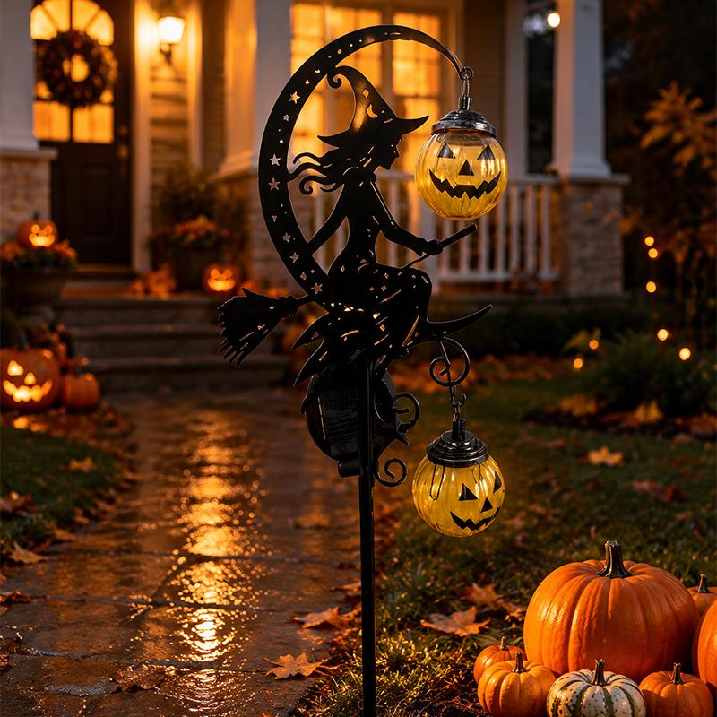 Solar Halloween Garden Stake Light Black Cat Moon Pumpkin LED Outdoor Yard Lawn Pathway Decorative Metal Art Spooky Party Decor