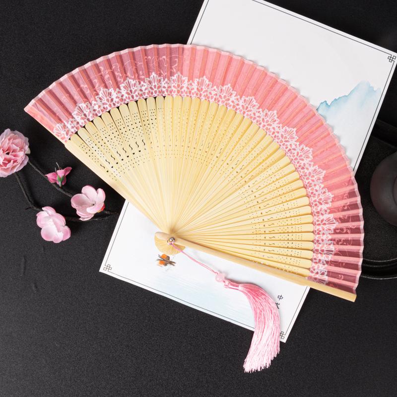 Chinese Style Folding Folding Fan Change Color With Tassel Dance Fan Silk Cloth Bamboo Summer