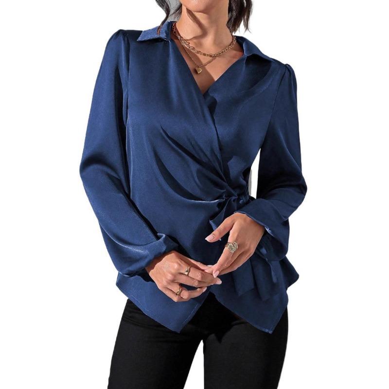 Spring and Winter Lace Up Waist Cinching Shirt New Long Sleeved Women Blouse Shirt with Tie Up Waist Fashion Tops Casual V Neck Clothing