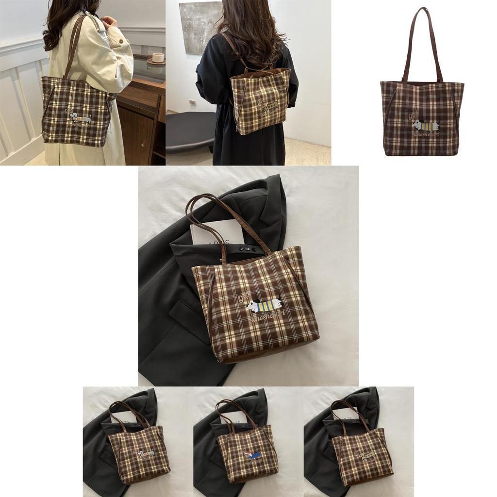 Stylish High-quality Tote Bag For Women In Trendy Plaid Design With Cartoon Dog Print