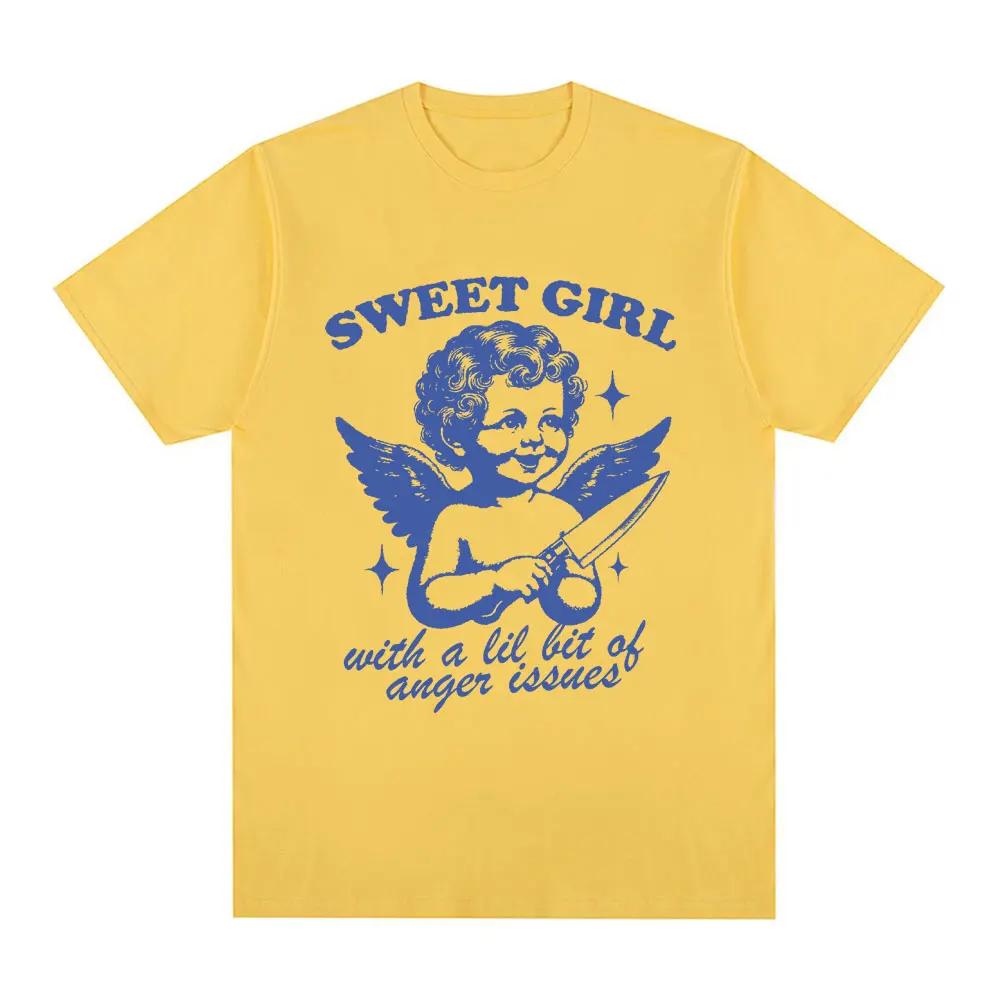 Sweet Girl with Anger Issues T Shirt Funny Angel Lovers T-shirts 100% Cotton Casual Oversized Short Sleeve Tee Shirt Unisex