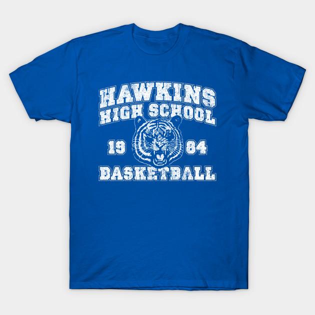 

Men Black Print T-shirt Hawkins High School 1984 Tigers Basketball No-Cut Transfer Paper Print Cotton Tshirt 2XL королевский синий