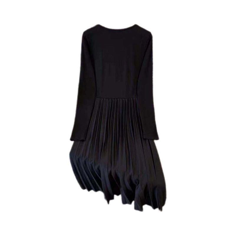 Women's Elegant Mid-Length Black Dress - 2025 Autumn New Style, Slimming Pleated Skirt, Long Sleeve Versatile Design
