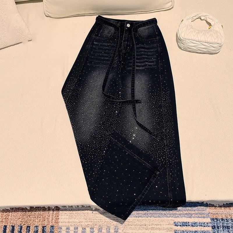 Glittering Rhinestone Denim Pants Women's Jeans New Wide Leg Design Sensation Floor-Length Pants Loose Jeans