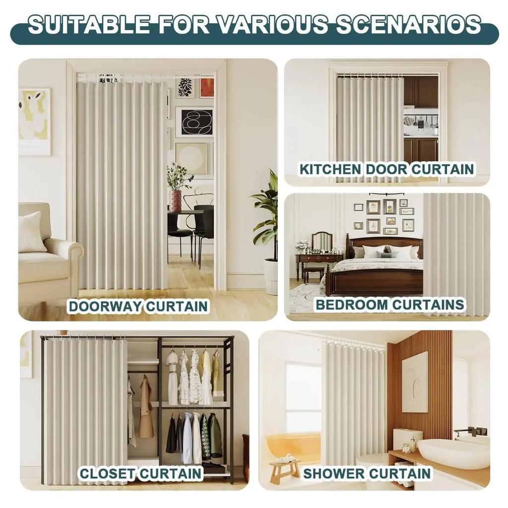 Pleated Folding Door Curtains Natural Blackout Room Valance Curtains with Hooks for Door Way, Accordion Style Closet Privacy