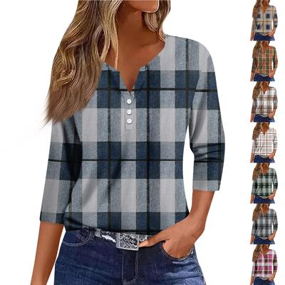 Damska Moda Casual Top z Rękawem Trzy Czwarte z Dekoltem V we Wzór Kwiatowy
