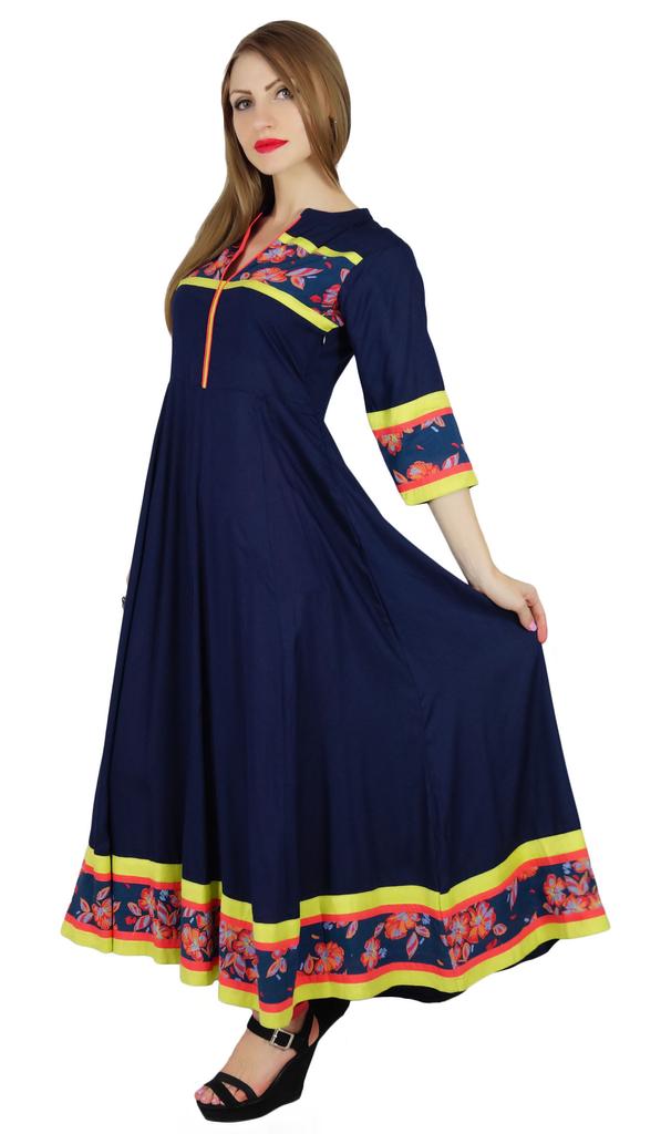 Bimba Women Blue Cotton Anarkali Kurti Classic Indian Flaired Blouse Kurta