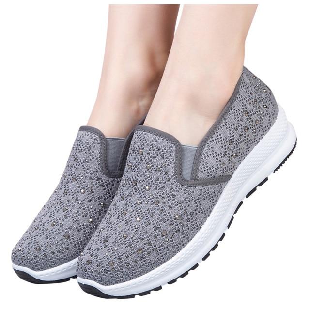 Damenmode, atmungsaktive Wanderschuhe, Mesh-Kristall-Sportschuhe, flacher Boden, lässige Turnschuhe, weicher Boden, modische Mutterschuhe