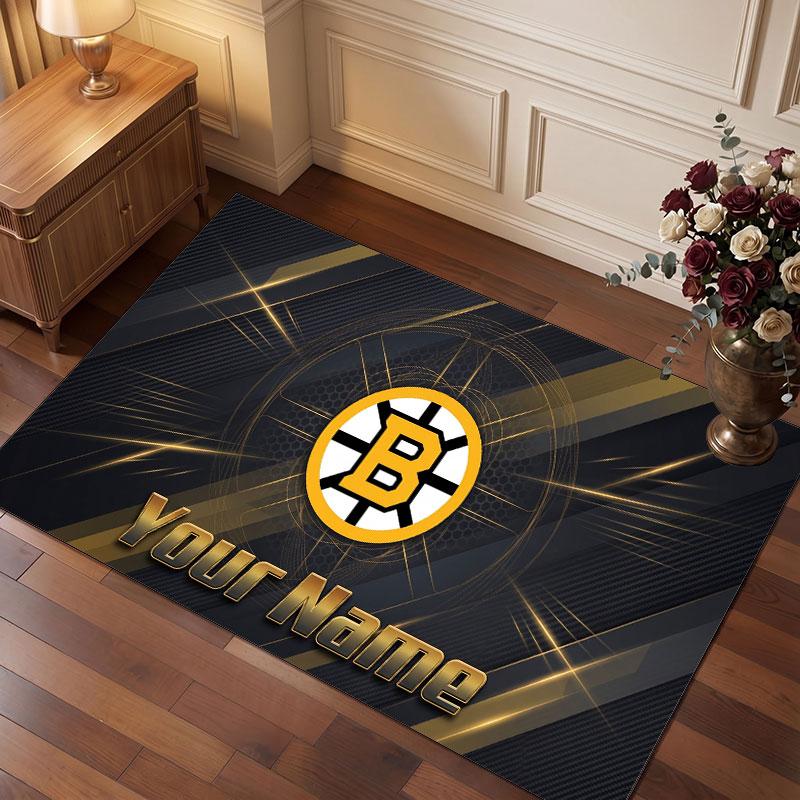 Boston Bruins Personalized Crystal Velvet Carpet, Customized Name Text Soft Anti‑Slip Rug for Living Room Bedroom