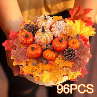 96Pcs Artificial Pumpkins Foam Craft Fake with Maple Leaves Decorative