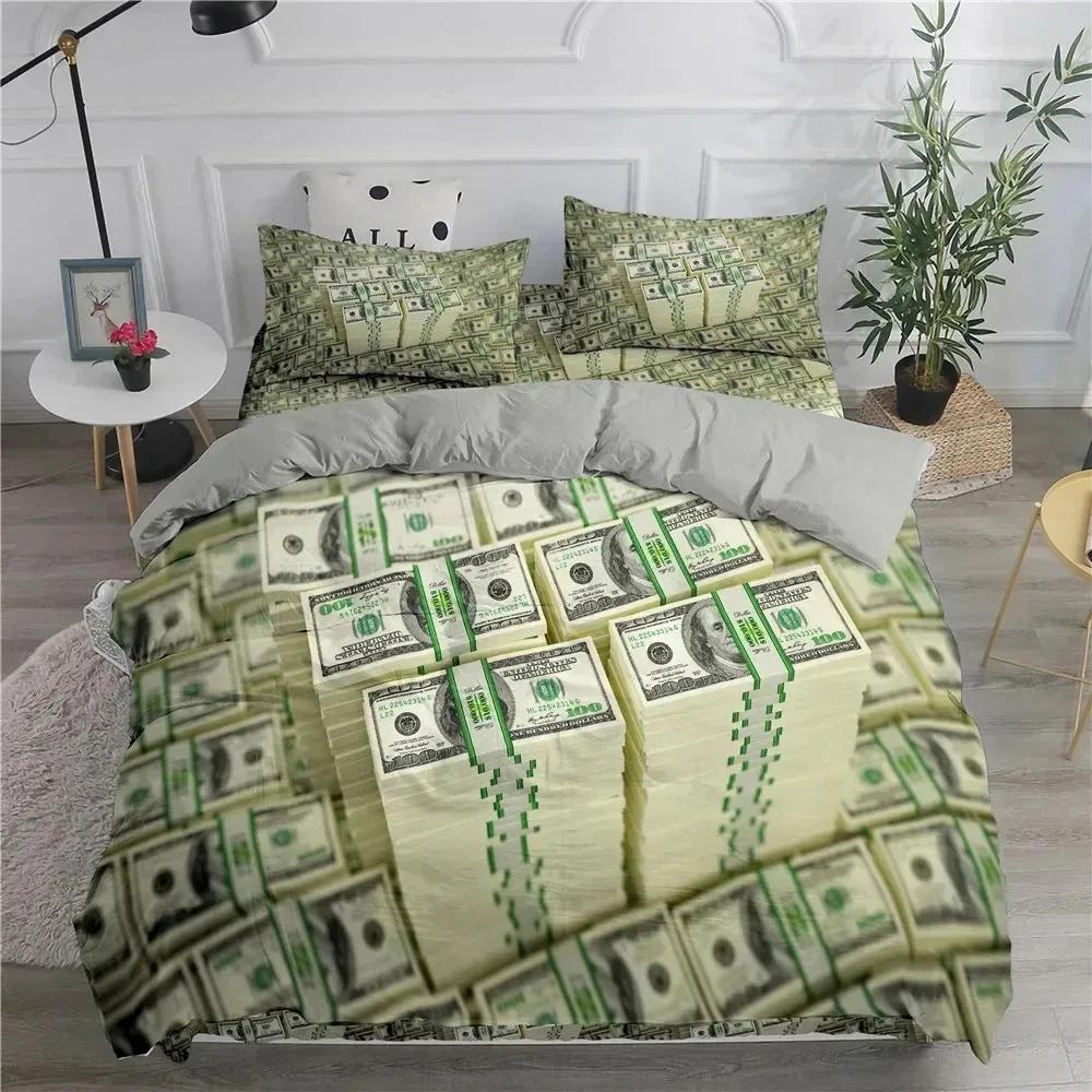 3D Modern Money Bedding Set Dollar Motif Printed Duvet Cover Vivid Comforter Cover 3 Pieces Money Pattern Funny Soft Bed Set