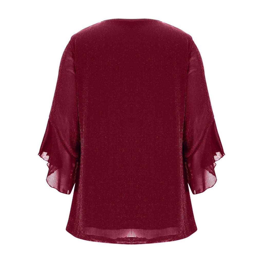 Women's Elegant Ruffled Shiny Stamped Seven-Sleeve Double Layer Mesh Top