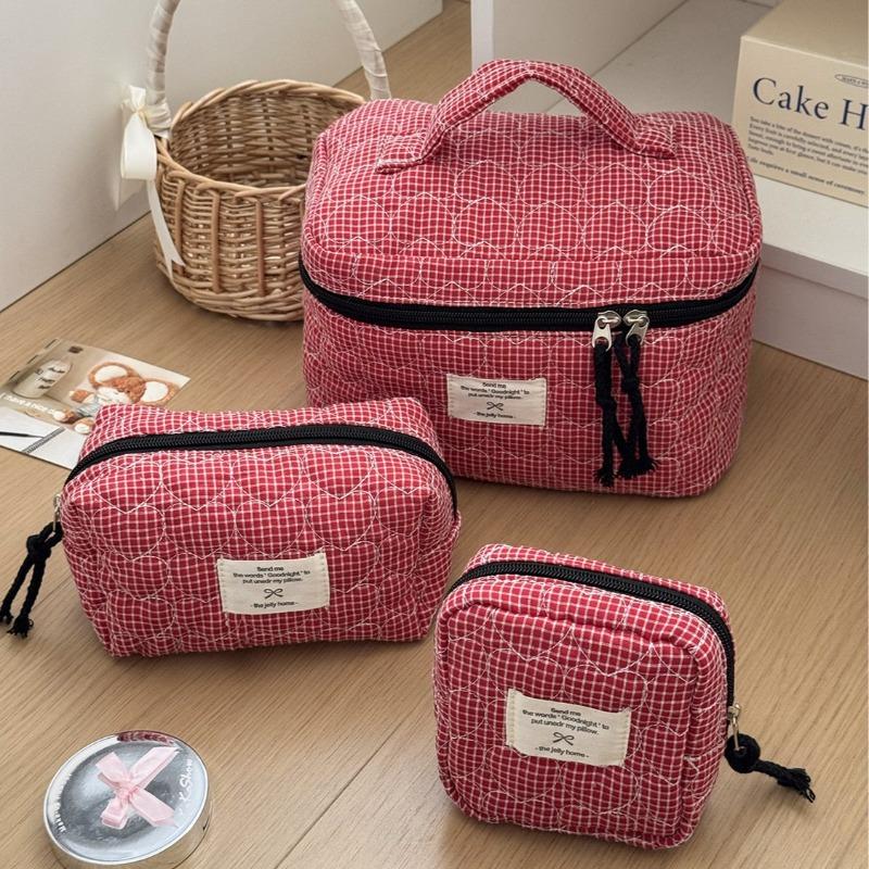 Gesteppte Herz karierte Kosmetiktaschen für Damen Make-up-Etui Große Kapazität Damen Reise-Aufbewahrungstasche Lässige Mädchen Handtasche Clutch-Geldbörse