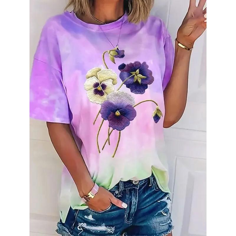 Flower Print Short Sleeve Fashion Versatile Top Comfortable T-Shirts Women’s