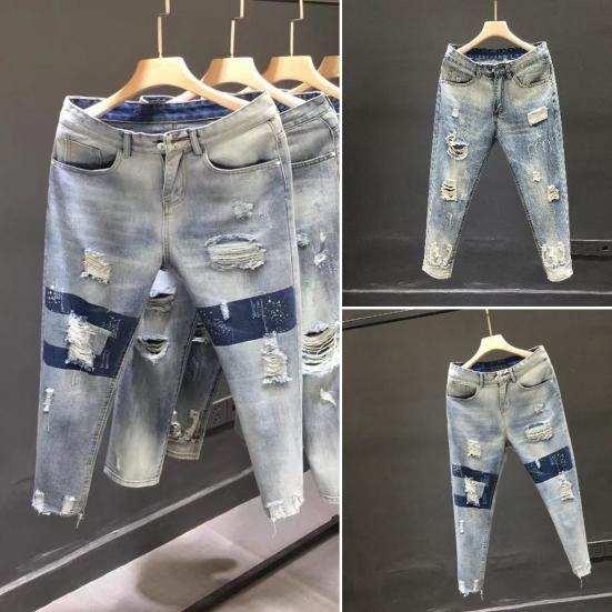 Holes Jeans Slim-fitting Cropped Zipper Closure Small-footed Mid Waist Daily Wear Breathable
