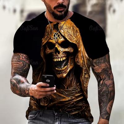 Sommar Herr T-shirt Vintage Skräck 3D Skalle Tryck Klassisk Casual O-hals Kortärmad Mode Lös Oversized Toppar T-shirt Herr