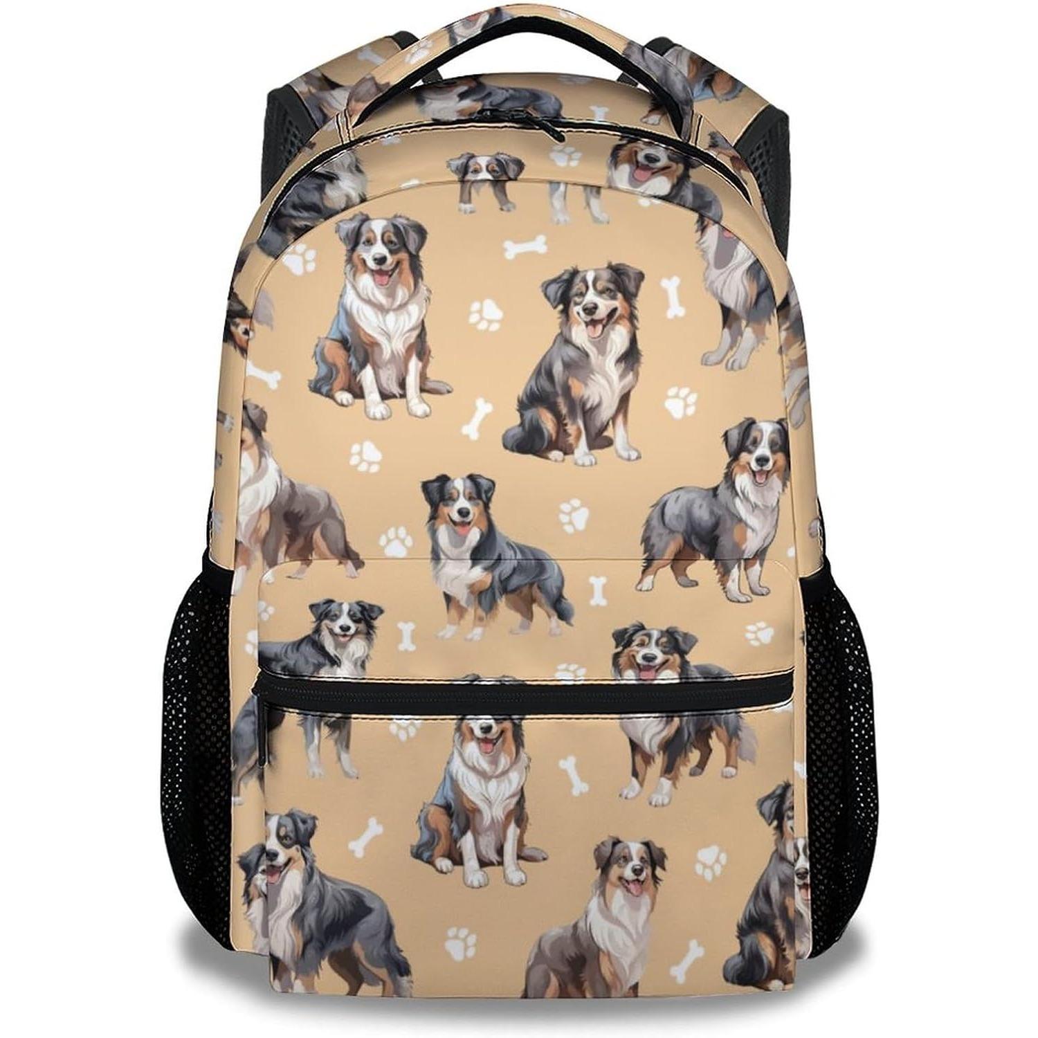 Australian Shepherd School Backpack for Kids, 16 Inch Yellow Dog Backpacks for Girls Boys