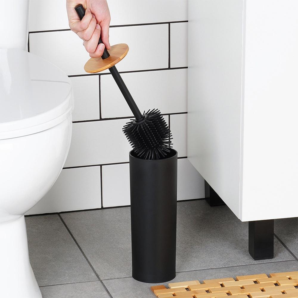 Silicone Toilet Brush Bathroom Toilet Holder Stand Black Bamboo