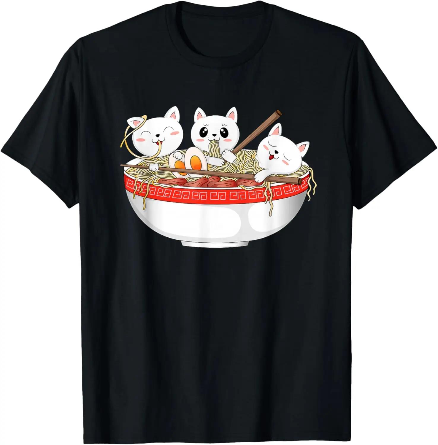 Three Cute White Cats Eating RaUnisex Noodles Kawaii Japanese Graphic Tee Casual Cotton TShirt S